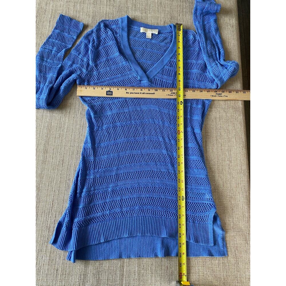 MICHAEL KORS Sweater Womens V-Neck Sheer Long Sleeve Hi-Low Cotton Blend Blue M - Picture 4 of 6